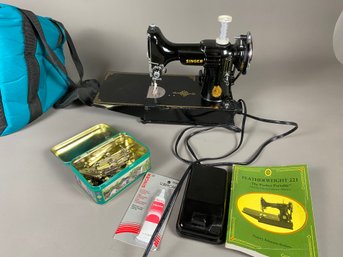 Vintage Featherweight 221 Singer Sewing Machine With Bag And Accessories, Simanco Motor