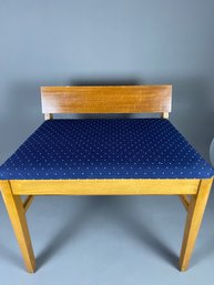 Vintage Wood Stool With Upholstered Seat And Short Back, Maple-colored Finish