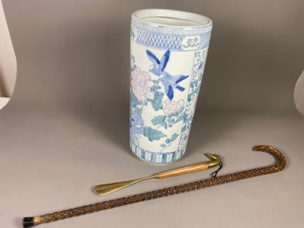 Large Ceramic Umbrella Or Cane Holder With Carved Cane And Brass Shoe Horn