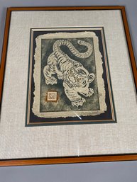 Framed Artwork Featuring A Tiger On Paper, Signed By Artist