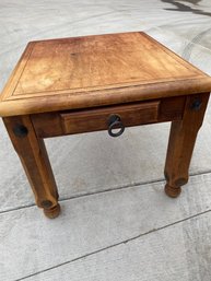 Rustic, Solid Wood Side Table Or End Table With Metal Accents And False Drawer