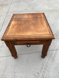 Rustic, Solid Wood Side Table Or End Table With Metal Accents And Drawer