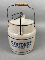 Antique Sanford's Inks Stoneware Crock Or Jug With Lid And Wood Handle