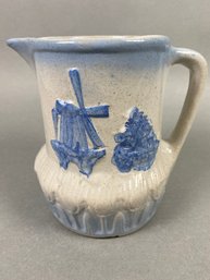 Pretty Salt Glaze Stoneware Pitcher In The Dutch Windmill And Bush Pattern