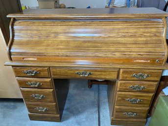 Vintage Wood Roll Top Desk With Light Or Lamp