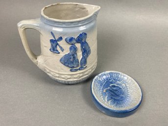 Pretty Salt Glaze Stoneware Pitcher In The Dutch Children & Windmill And Rose In Beaded Medallion Soap Dish