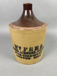 Antique Stoneware Whiskey Jug, Wm Fehr, Denver Colorado, Wine, Whiskey & Cigars