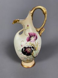 Beautiful Robert Hanke Handled Vase Or Ewer With Raised Painted Details And Gold Accents