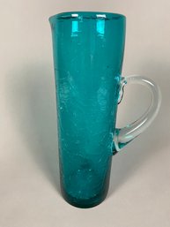 Tall Aqua Blue Mid-Century, MCM Blown Glass Pitcher With Handle, Rough Pontil, And Crackle Finish