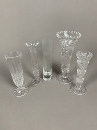 Set Of 5 Cut Glass & Crystal Bud Or Flower Vases