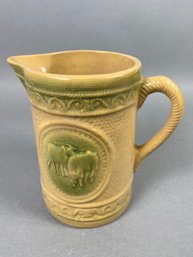 Gorgeous Antique Green And Cream Salt Glaze Stoneware Pitcher In The Grazing Cows Pattern