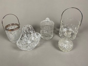 Fun Lot Of Cut Glass Including An Ice Bucket, Lidded Jar, Baskets And Cruet Pitcher