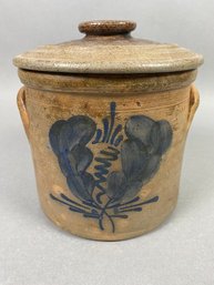 Antique Half Gallon Salt Glaze Stoneware Crock With Lid And Blue Flower Design And Pulled Ear Handles