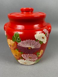 Incredible Vintage Red Stoneware Crock Or Cookie Jar Painted With Bright Flower Design, Ransburg Indianapolis