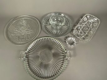 Set Of Heavy Cut Glass Serving Trays And Plates, Handled Cake Plate, Christmas Tree