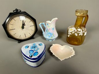 Miscellaneous Lot Of Decorative Glassware And Porcelain With A Tabletop Clock