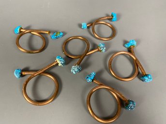 Set Of 6 Copper And Turquoise Napkin Rings