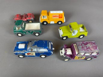 Vintage Tootsie Toy Cars, Trucks, And A Jeep Or Buggy, Shell Oil, Vega, Bimini Buggy