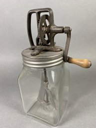 Antique Unmarked 2 QT Glass Butter Churn With Metal Paddles