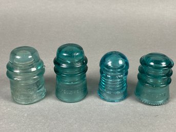Set Of 4 Vintage Glass Insulators, WFG, Brookfield, Hemingray, Am Tel & Tel