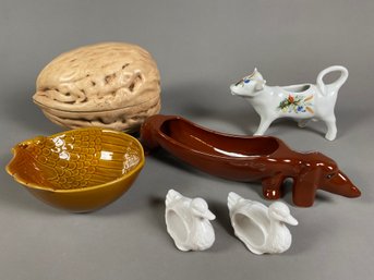 Fun Set Of Cow, Duck, Dog And Nut Shaped Pottery Pieces