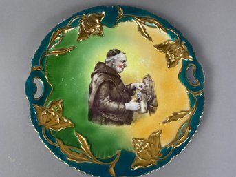 Very Unique Handled Cake Plate With Heavy Gold Accents, A Friar Or Monk Signed Kilian