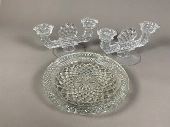 Vintage Set Of Heavy, Cut Glass Candelabras Or Candle Holders And Cigarette Or Ash Tray