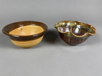 Two Ceramic Pottery, Glazed Bowls, Rich Brown & Green, Grey Rock Pottery