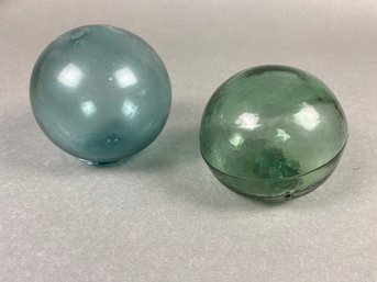Pair Of Antique Glass Fishing Floats Balls, Green & Blue