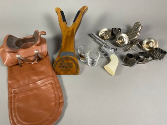 Lot Of Miscellaneous Cowboy Or Western Themed Items, Painless Boot Extractor, Wyoming Shot Glass