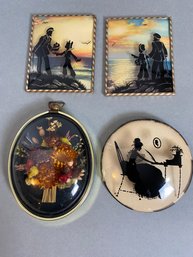 Set Of 4 Convex Bubble Glass Reverse Painted Silhouette Framed Pictures Of Victorian People & Dried Flowers