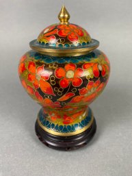 Pretty Cloisonne Enamel Lidded Jar With Vibrant Colors And Wooden Base
