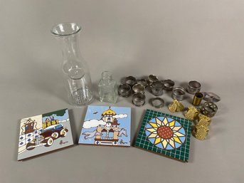 Lot Of Payne Creations Ceramic Trivets, Napkin Rings & Glass Jar, Kuowows Powder Bottle