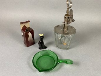 Fun Lot Of Vintage Items Including Mini Glass Dish, Knobler Pie Bird Vent & 2 Cup 1923 A&J Hand Mixing Jar