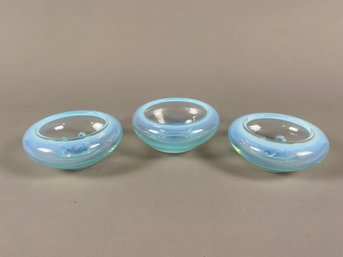 Set Of 3 Opalescent Blue Art Glass Candleholders And Dish