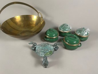 Large Brass Handled Bowl, Covered Enamel Pots And Metal Candleholder