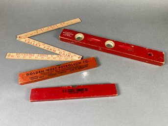 Three Vintage Red Wooden Levels & Folding Yardstick With Advertising