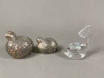 Metal Partridge Or Quail Salt & Pepper Shakers And Spode Crystal Whale Or Fish Figurine