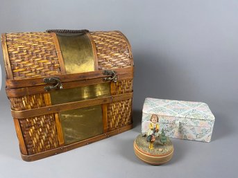 Wicker And Metal Basket With Lid, Swiss Reuge Music Box, And Cloth Padded Jewelry Or Trinket Box