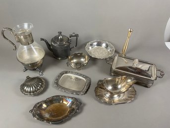 Large Lot Of Vintage Silverplate Including Tea Or Coffee Pot, Teapot, Serving Bowls, And Gravy Boat