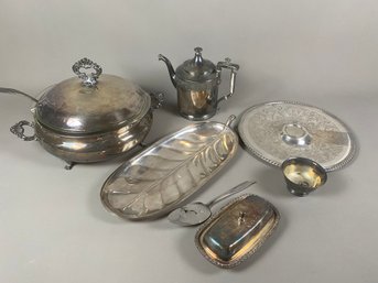 Large Lot Of Vintage Silverplate Including Serving Trays Platters, A Large Serving Dish, Teapot & Butter Dish