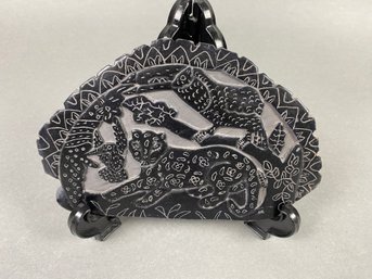 Unique Carved Slate Or Stone Plaque With A Jaguar, Toucan And Hummingbird