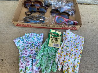Three Pair Of New Gardening Gloves And Many Pairs Of Sunglasses