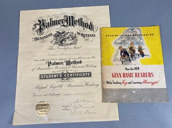 1931 Palmer Method Certificate And Ginn Basic Readers Book Circa 1948