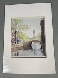 Unsigned Matted Watercolor Picture, Possibly Of The Canal To Rijiksmuseum, Amsterdam