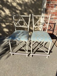 Pair Of Lovely Metal Frame Bar Stools With Blue, Tan And Cream Upholstery