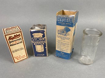Collection Of Vintage 8 Oz Glass Baby Nursing Bottles By Stork, Hygeia, Diamond Faultless