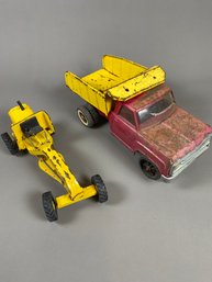 Pair Of Vintage Pressed Metal Tonka Toys, Dump Truck And Road Grader