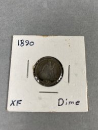 Single 1890 Liberty Seated Dime, Graded XF Xtra Fine Condition 90 Silver