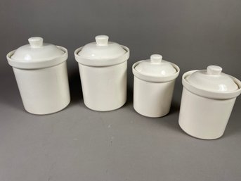 Set Of 4 White Ceramic Or Porcelain Canisters With Lids, Flour, Sugar, Rice